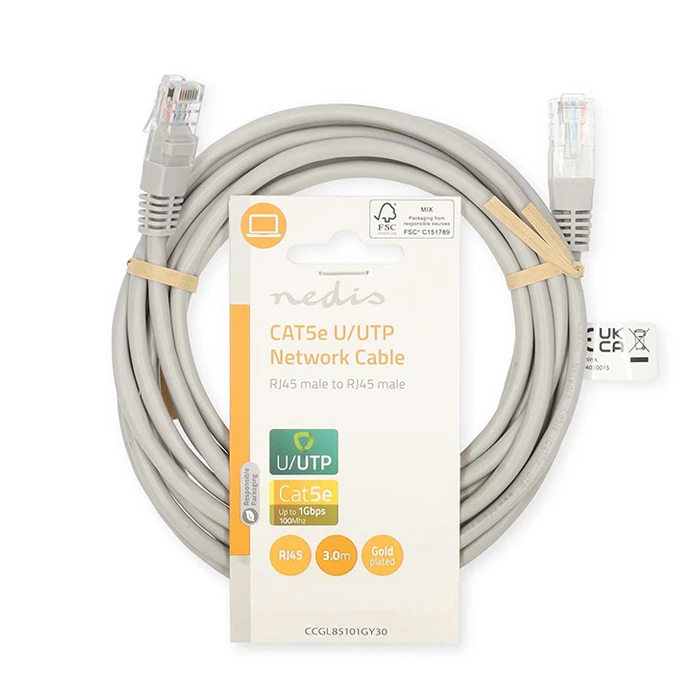 Καλώδιο Δικτύου Nedis CAT 5e, U/UTP, 3.00m σε γκρι χρώμα.