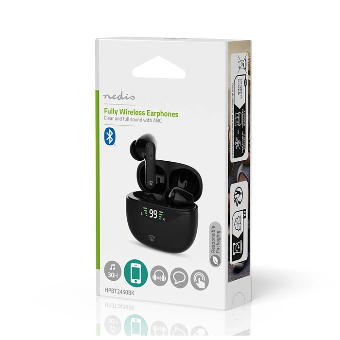 Bluetooth Handsfree Nedis με θήκη φόρτισης noise cancelling (ANC), σε μαύρο χρώμα.