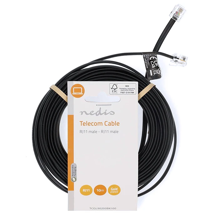 Nedis Telecom Cable RJ11 6P4C Male–Male 10 m Black (TCGL90200BK100)