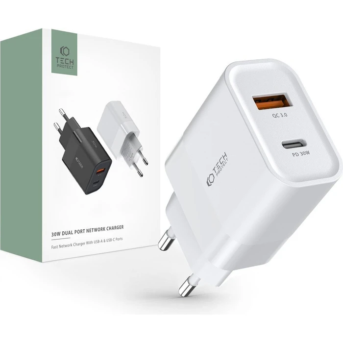 Tech-Protect C30W 2-port Network Charger PD 30W QC 3.0 White