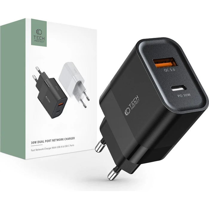 Tech-Protect C30W 2-port Network Charger PD 30W QC 3.0 Black
