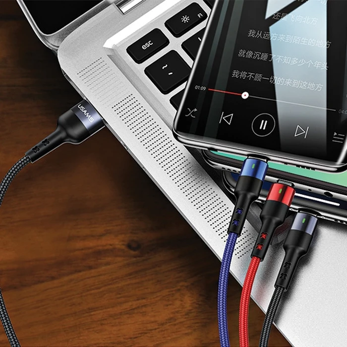 USAMS Nylon Cable U26 3in1 0.35m 2A Fast Charge (Lightning/microUSB/USB-C) SJ410USB01 (US-SJ410)