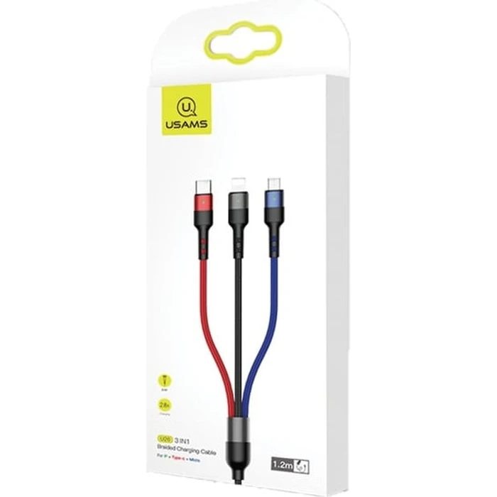USAMS Nylon Cable U26 3in1 0.35m 2A Fast Charge (Lightning/microUSB/USB-C) SJ410USB01 (US-SJ410)