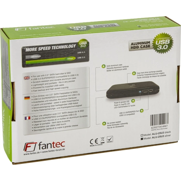 Fantec ALU-25U3 2.5" SATA III Hard Drive Enclosure USB 3.0 — Silver (Model 1496)