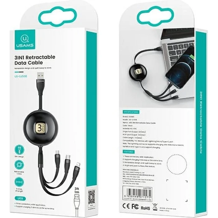 USAMS Cable U69 3in1 1m black (Lightning/microUSB/USB-C) SJ508USB01 (US-SJ508)