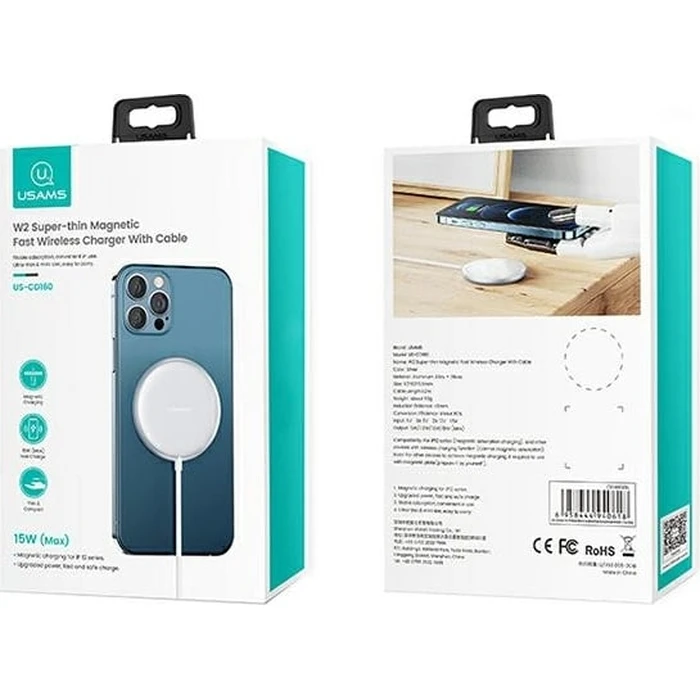 USAMS Wireless Charger US-CD160 magnetic W2 15W aluminiowa Apple iPhone 12 series silver CD160DZ01