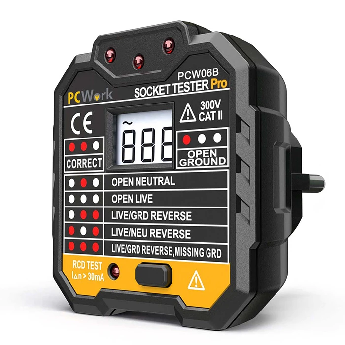 Όργανο Ελέγχου Ορθής Καλωδίωσης Πρίζας PCWork PCW06B Με Ψηφιακή Οθόνη.