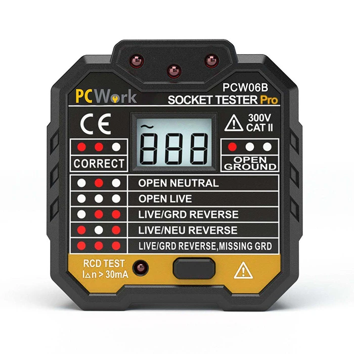 Όργανο Ελέγχου Ορθής Καλωδίωσης Πρίζας PCWork PCW06B Με Ψηφιακή Οθόνη.