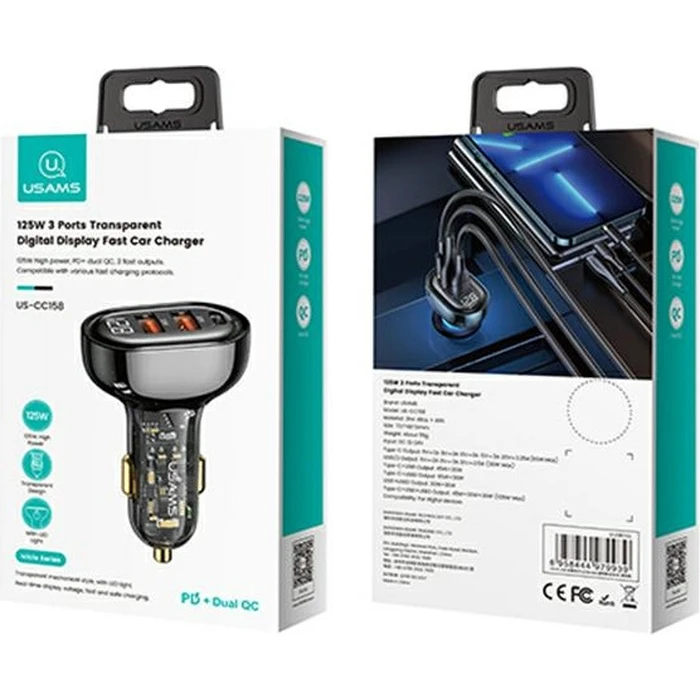 USAMS Car Charger 1xUSB-C 2xUSB-A 125W Fast Charge transparent black CC158CC01 (US-CC158)