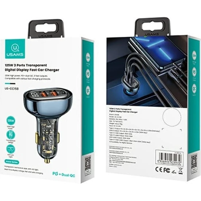 USAMS Car Charger 1xUSB-C 2xUSB-A 125W Fast Charge transparent blue CC158CC02 (US-CC158)