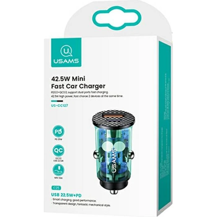 USAMS Car Charger USB+USB-C C25 42.5W Fast Charge transparent blue CC127CC02 (US-CC127)