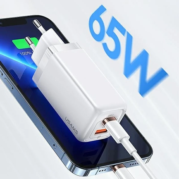 USAMS Wall Charger 1xUSB-C+1xUSB T47 65W PD Fast Charging Super Si white CC153TC02 (US-CC153)