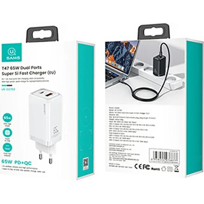 USAMS Wall Charger 1xUSB-C+1xUSB T47 65W PD Fast Charging Super Si white CC153TC02 (US-CC153)