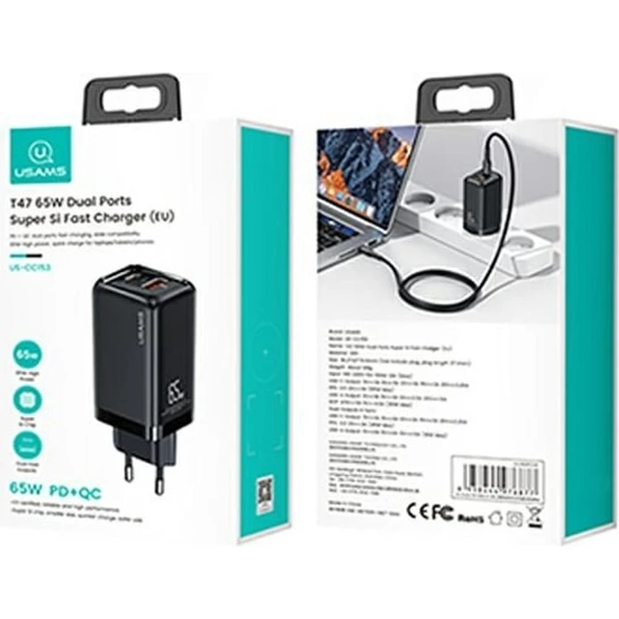 USAMS Wall Charger 1xUSB-C+1xUSB T47 65W PD Fast Charging Super Si black CC153TC01 (US-CC153)