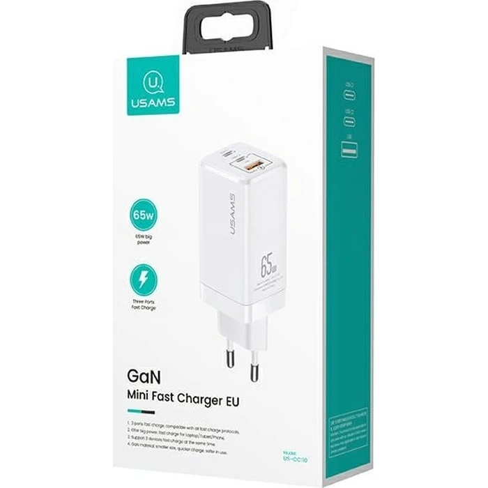 USAMS Wall Charger MT 2xUSB-C+USB GaN 65W T33 PD Fast Charging white CC110TC02 (US-CC110)