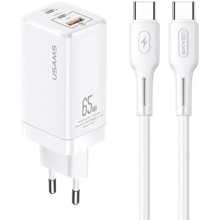 USAMS Wall Charger MT 2xUSB-C+USB GaN 65W T33 PD + cable USB-C-USB-C 100W Fast Charging white MTXLOGTC02