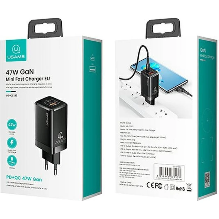 USAMS Wall Charger T41 USB-C+USB GaN 47W PD+QC Fast Charging black CC137TC01 (US-CC137)