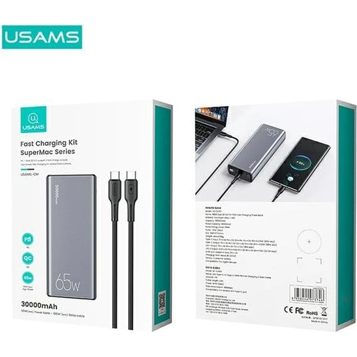 USAMS Powerbank PB59 30000mAh 65W 2xQC3.0+PD Fast Charge black CMXLOGTC01 (US-CD165) + cable USB-C-USB-C