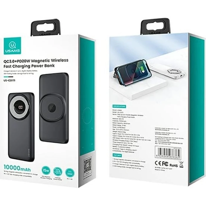 USAMS Powerbank PB62 10000mAh 20W QC3.0+PD Magnetic Wireless Fast Charge nebieski/blue 10KCD17104 (US-CD171)
