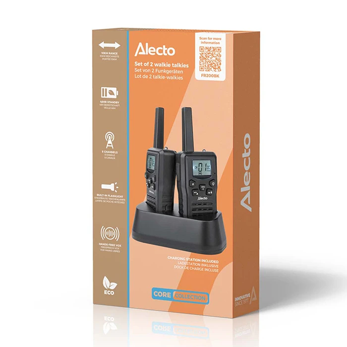 Alecto FR200BK Walkie-Talkie Set (2 Handsets) — Black, up to 10 km