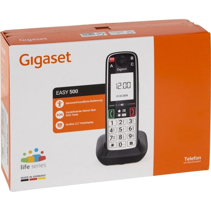 Gigaset Easy 500 Μαύρο Ασύρματο Τηλέφωνο DECT για Ηλικιωμένους 5.8 cm / 2.2" Έγχρωμη Οθόνη, Κουμπί SOS, Οπτική Σήμανση Κλήσης, Βιβλίο Επαφών