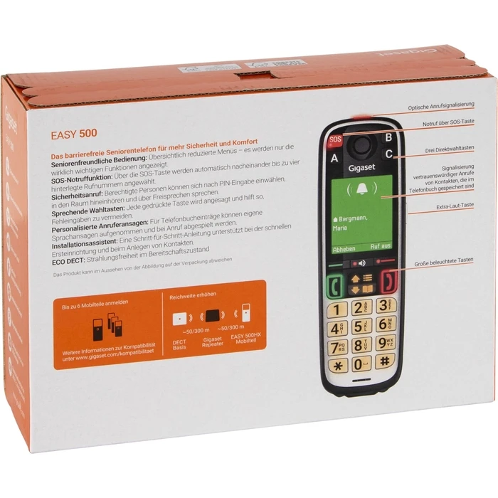 Gigaset Easy 500 Μαύρο Ασύρματο Τηλέφωνο DECT για Ηλικιωμένους 5.8 cm / 2.2" Έγχρωμη Οθόνη, Κουμπί SOS, Οπτική Σήμανση Κλήσης, Βιβλίο Επαφών