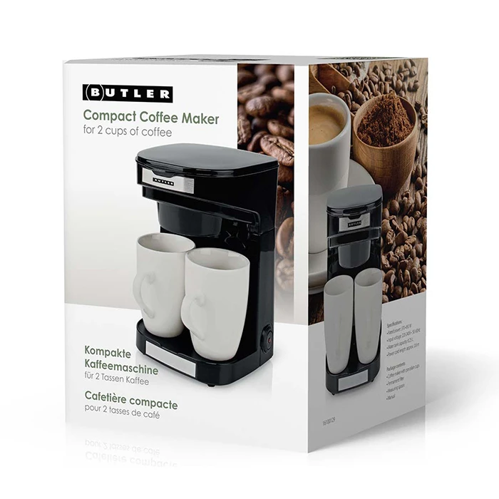 Butler Coffee Maker 0.25L 450W — 2 Porcelain Cups, Reusable Filter, Auto Shut-off (Black)