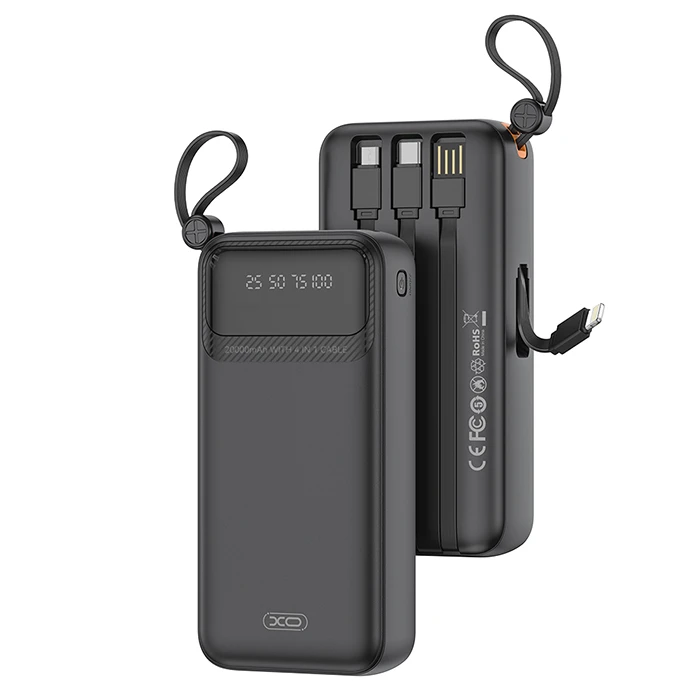 Power Bank XO 20.000 mAh, με 4 καλώδια (1x USB-Α, 1x USB Type-C, 1x micro USB, 1x Lightning) Μαύρο
