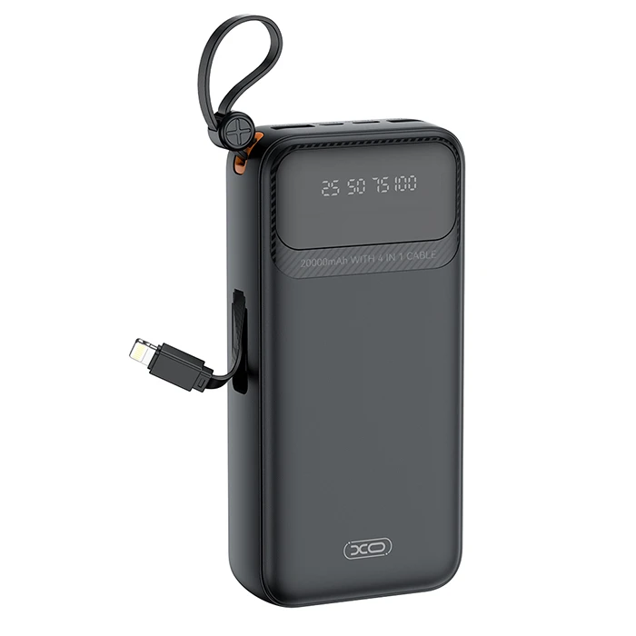 Power Bank XO 20.000 mAh, με 4 καλώδια (1x USB-Α, 1x USB Type-C, 1x micro USB, 1x Lightning) Μαύρο