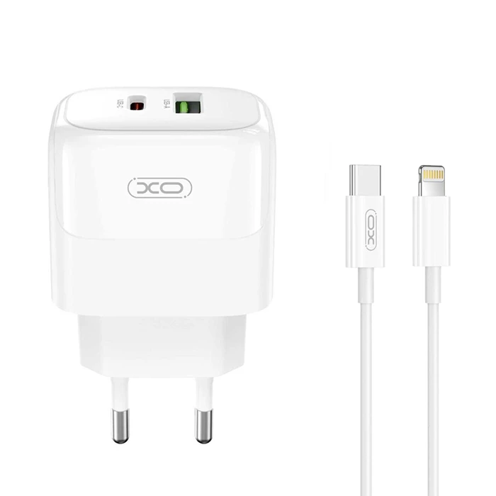 Φορτιστής Πρίζας XO Universal με 2 εξόδους 1xUSB-A & 1xUSB-C και Καλώδιο Lightning 8-Pin, PD20 & QC18W Λευκό