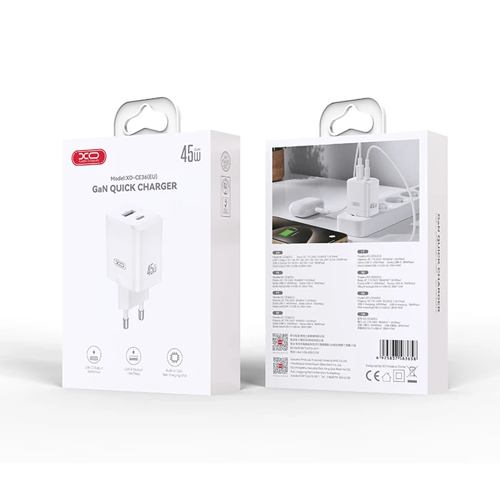 XO CE36 GaN 45W Dual-Port Charger (1x USB-C PD45W + 1x USB-A) - White
