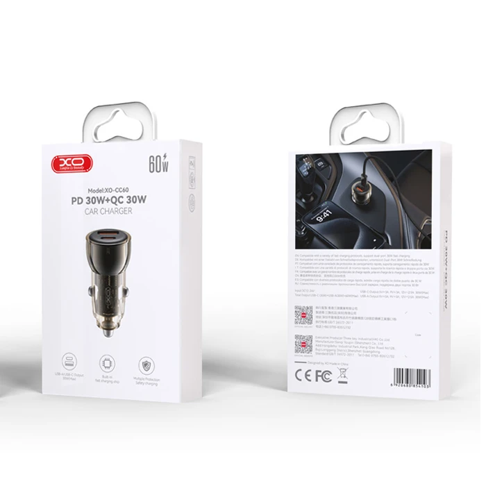 XO Universal Car Charger CC60 - 2 Ports (1x USB-A + 1x USB-C), 60W