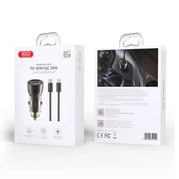 XO Universal Car Charger 60W (1x USB-A + 1x USB-C) with 1 m Detachable USB-C Cable