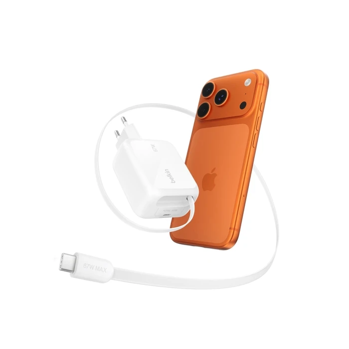 Belkin BOOST Charge Pro 67W Dual GaN φορτιστής τοίχου με ανασυρόμενο καλώδιο USB‑C (WCH022KQWH) - Λευκό