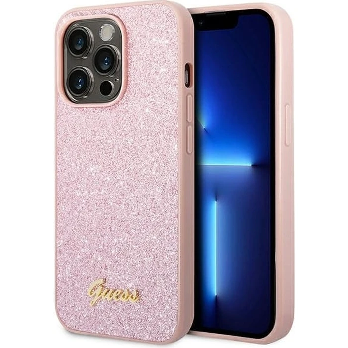 Guess GUHCP14XHGGSHP Apple iPhone 14 Pro Max pink hard case Glitter Script
