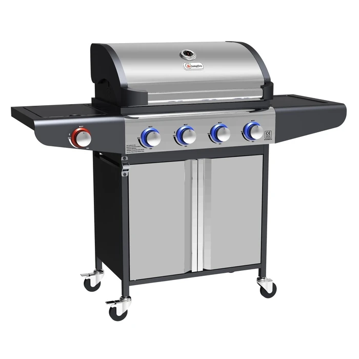 Campfire Gas Barbecue Grill with 4 Burners, Side Burner & LED Control Knobs - Stainless Steel