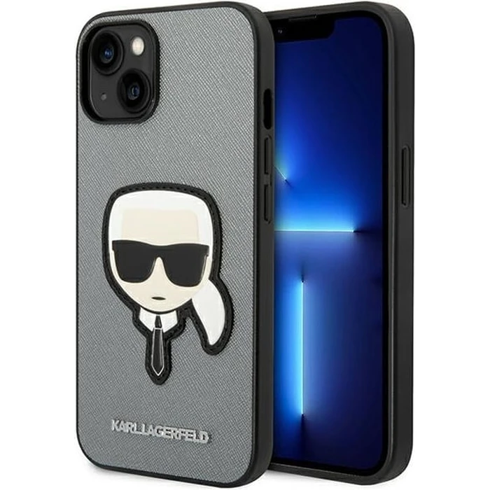 Karl Lagerfeld KLHCP14MSAPKHG Apple iPhone 14 Plus / 15 Plus silver hardcase Saffiano Karl`s Head Patch