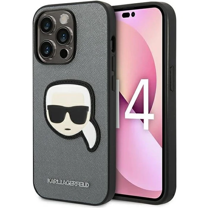 Karl Lagerfeld KLHCP14XSAPKHG Apple iPhone 14 Pro Max silver hardcase Saffiano Karl`s Head Patch