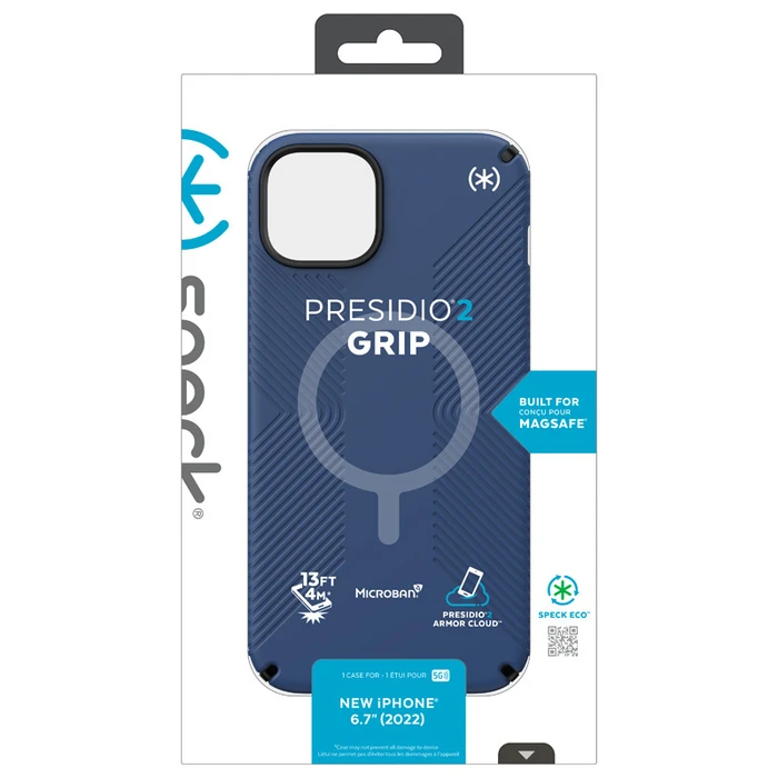 Speck Presidio2 Grip MagSafe MICROBAN Apple iPhone 14 Plus / 15 Plus (Coastal Blue / Black / White)