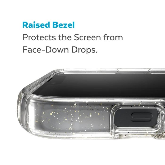 Speck Presidio Perfect-Clear Glitter MagSafe MICROBAN Apple iPhone 14 Plus / 15 Plus (Clear / Gold Glitter)