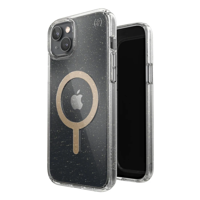 Speck Presidio Perfect-Clear Glitter MagSafe MICROBAN Apple iPhone 14 Plus / 15 Plus (Clear / Gold Glitter)