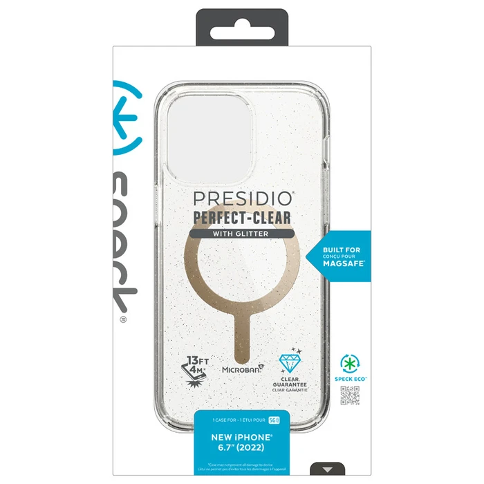 Speck Presidio Perfect-Clear Glitter MagSafe MICROBAN Apple iPhone 14 Plus / 15 Plus (Clear / Gold Glitter)