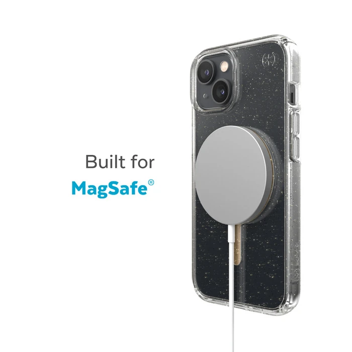 Speck Presidio Perfect-Clear Glitter MagSafe MICROBAN Apple iPhone 14 Plus / 15 Plus (Clear / Gold Glitter)