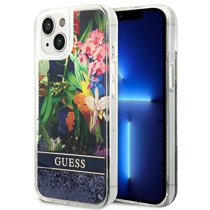 Guess GUHCP14MLFLSB Apple iPhone 14 Plus / 15 Plus blue hardcase Flower Liquid Glitter