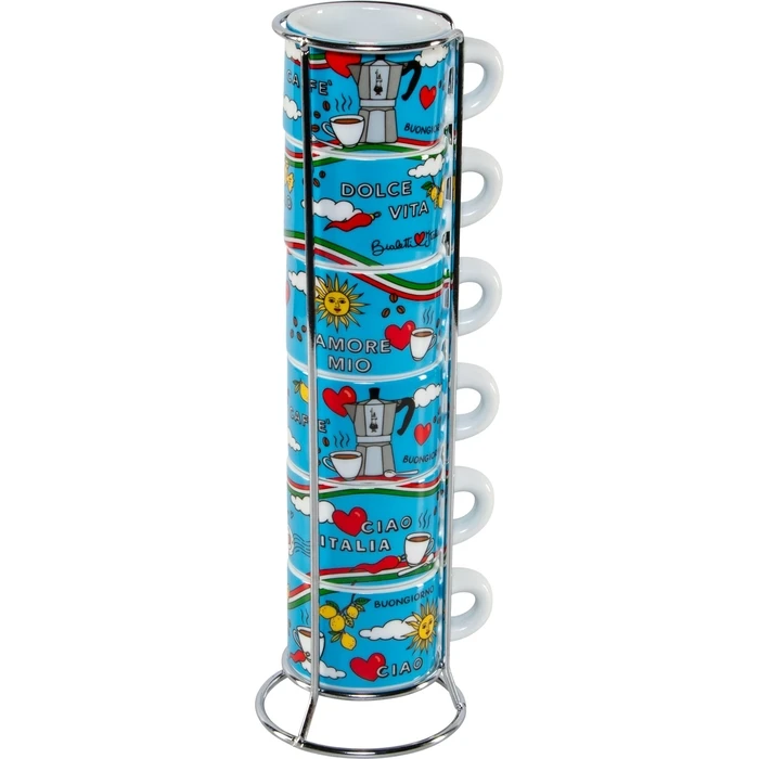 Bialetti Set 6 Ciao Italia Stackable Espresso Cups with Metal Stand