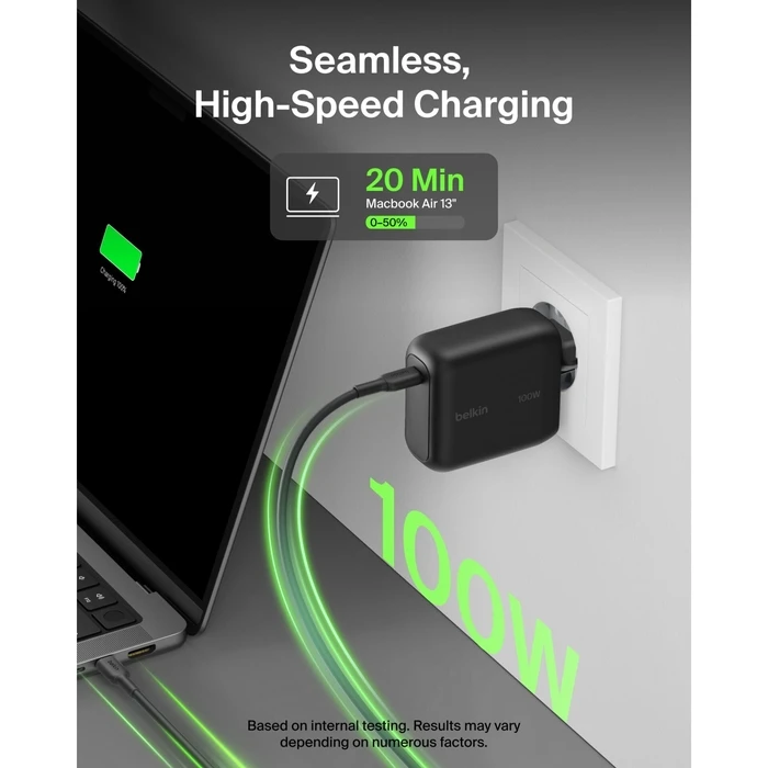 Belkin BOOSTCharge 100W USB‑C GaN φορτιστής τοίχου με καλώδιο USB‑C 1,5 m — Μαύρο