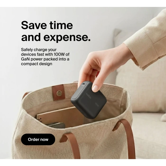 Belkin BOOSTCharge 100W USB‑C GaN Φορτιστής Τοίχου με Πτυσσόμενο Φις - Μαύρο (WCH025KQBK)