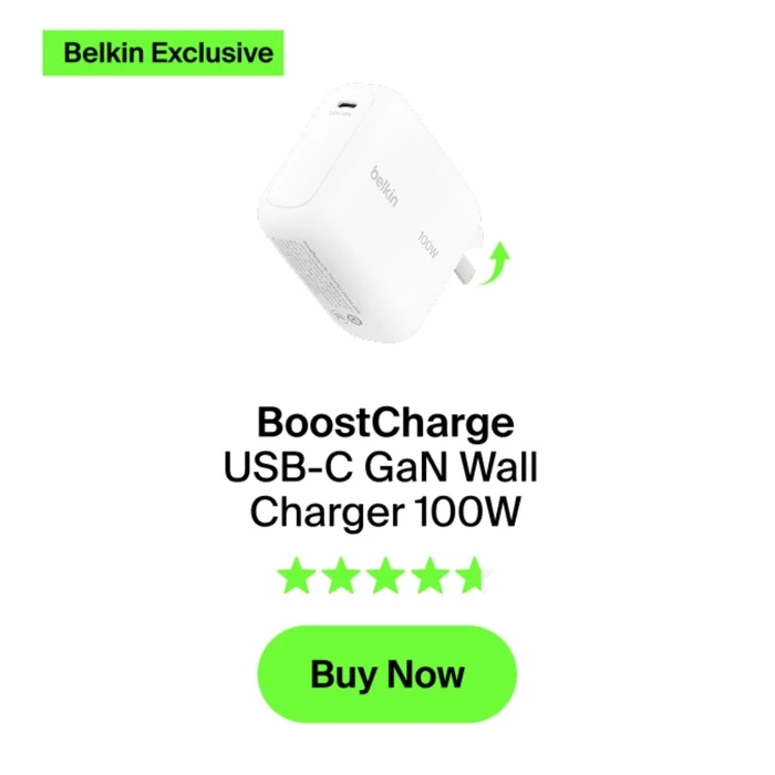 Belkin BOOSTCharge 100W USB-C GaN φορτιστής τοίχου με αναδιπλούμενο βύσμα - Λευκό (WCH025KQWH)
