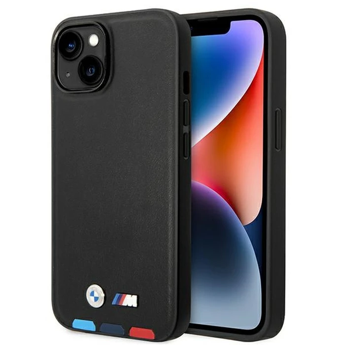 BMW BMHMP14M22PTDK Apple iPhone 14 Plus / 15 Plus black Leather Stamp Tricolor Magsafe