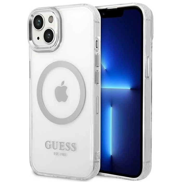 Guess GUHMP14MHTRMS Apple iPhone 14 Plus / 15 Plus silver hard case Metal Outline Magsafe